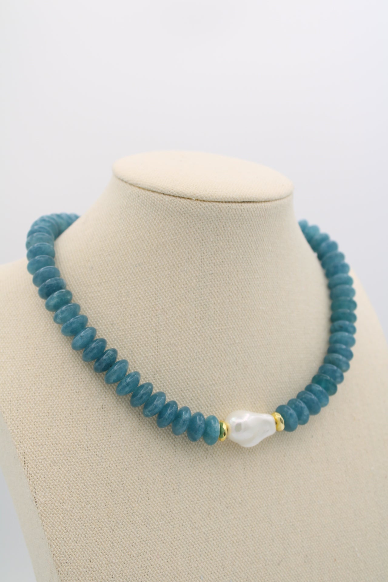 Blue Quartz Pearl Necklace, 16"