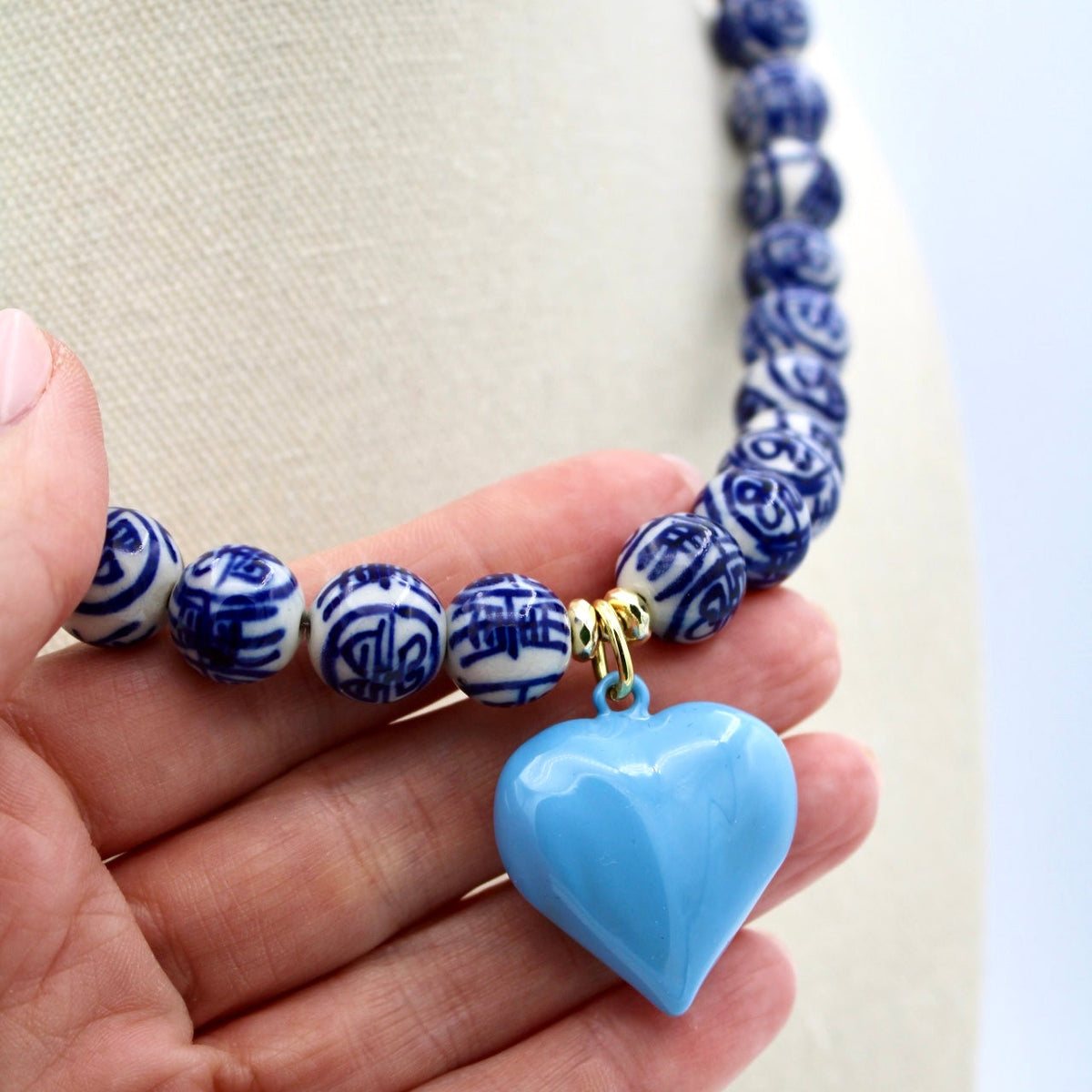 Blue and White Chinoiserie Heart Necklace, Pale Blue