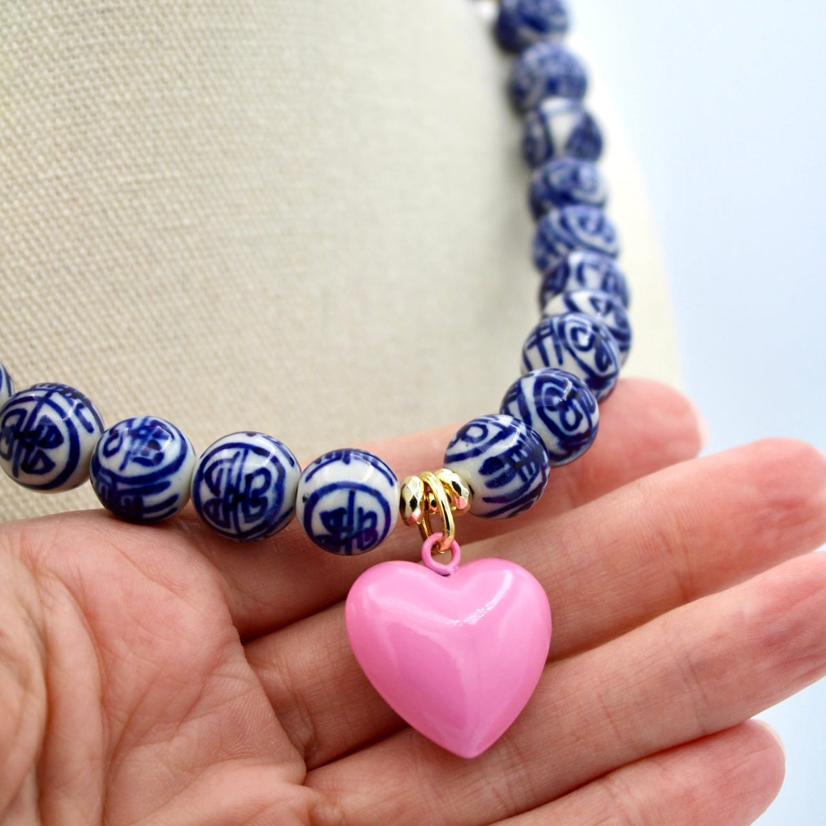 Blue and White Chinoiserie Heart Necklace, Pink