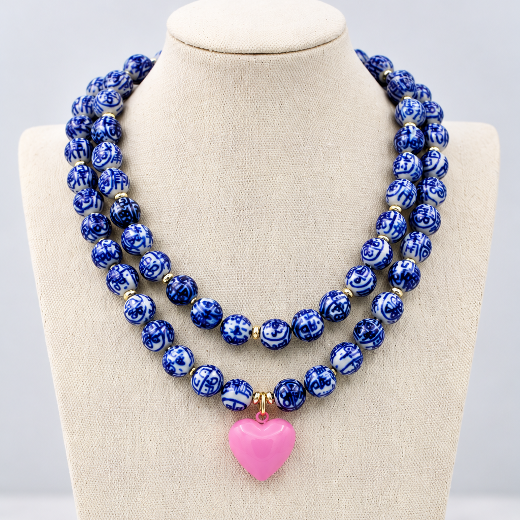 Blue and White Chinoiserie Heart Necklace, Pink
