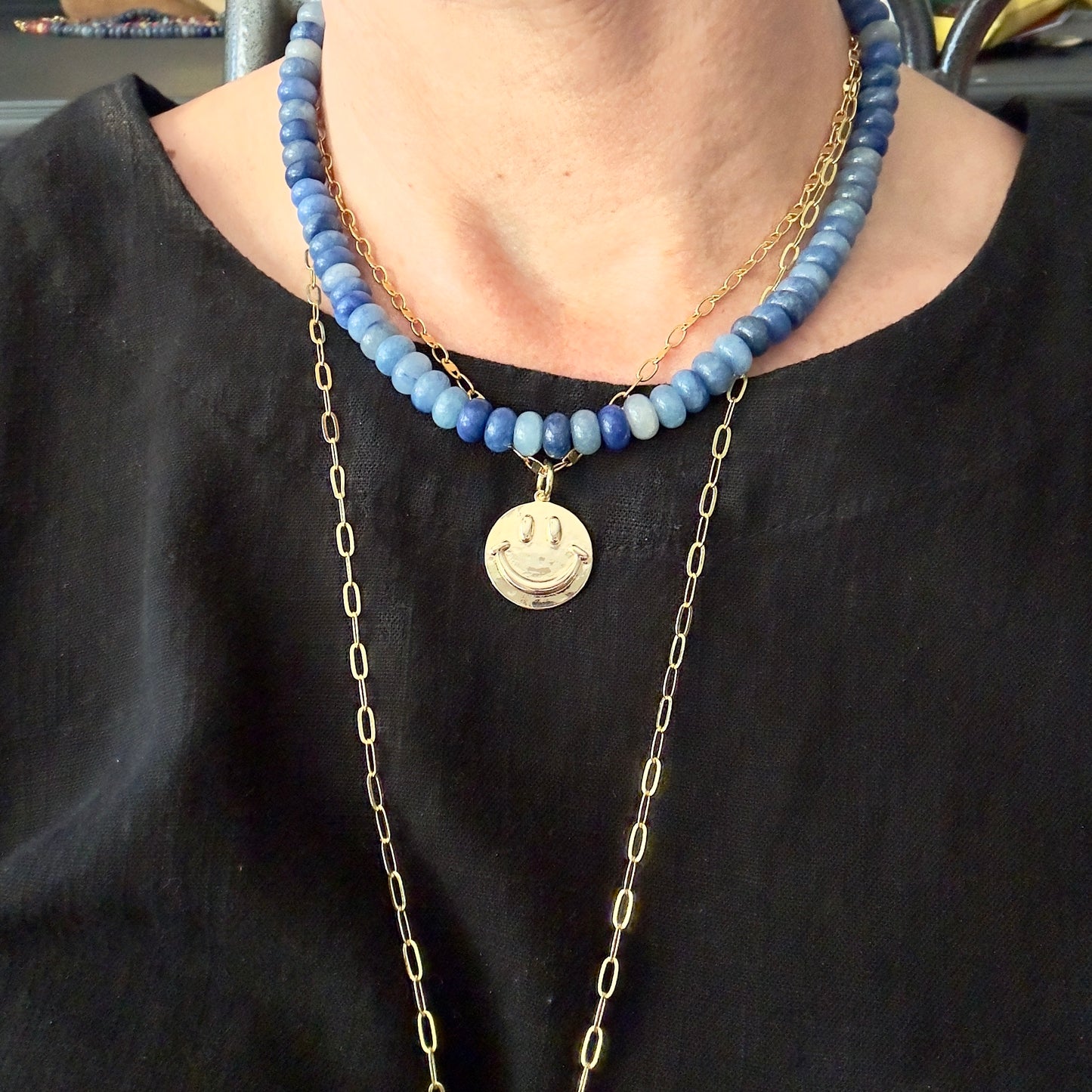 Denim Jade Beaded Necklace, 16”