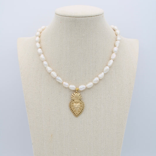 Sacred Heart Pearl Necklace, 17”