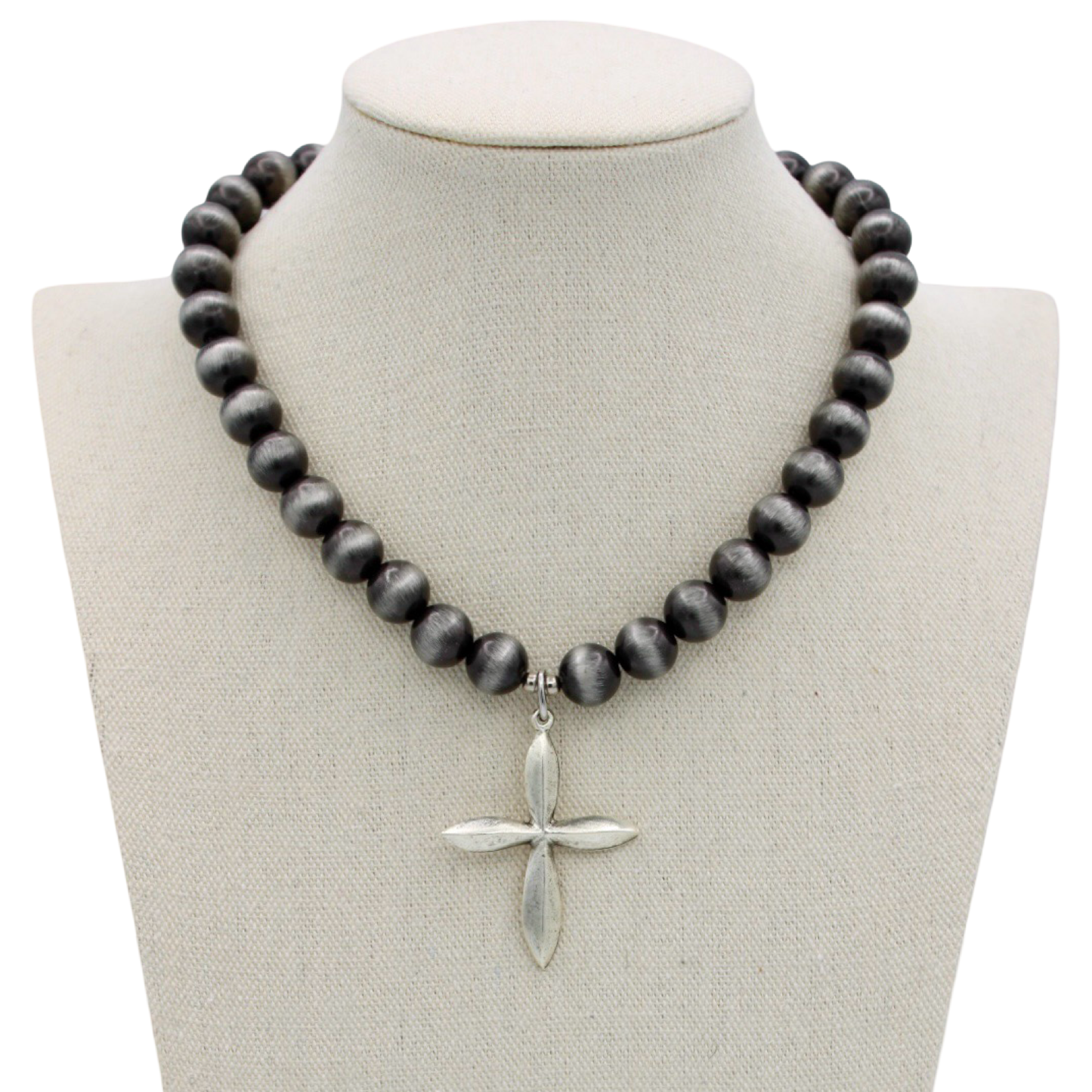 Silver Petal Cross Beaded Necklace, 16"