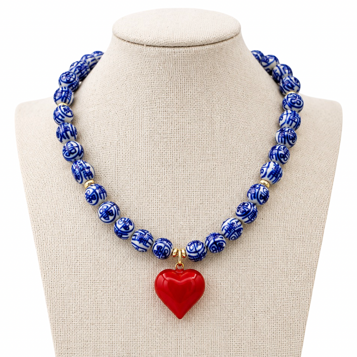 Blue and White Chinoiserie Heart Necklace, Red