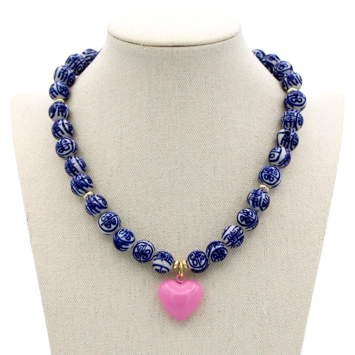 Blue and White Chinoiserie Heart Necklace, Pink