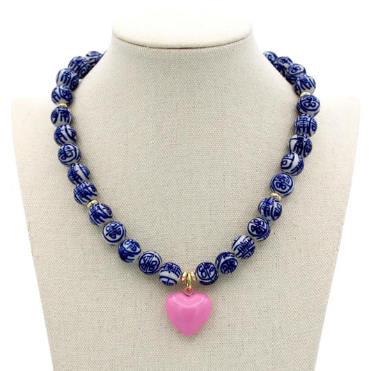 Blue and White Chinoiserie Heart Necklace, Pink