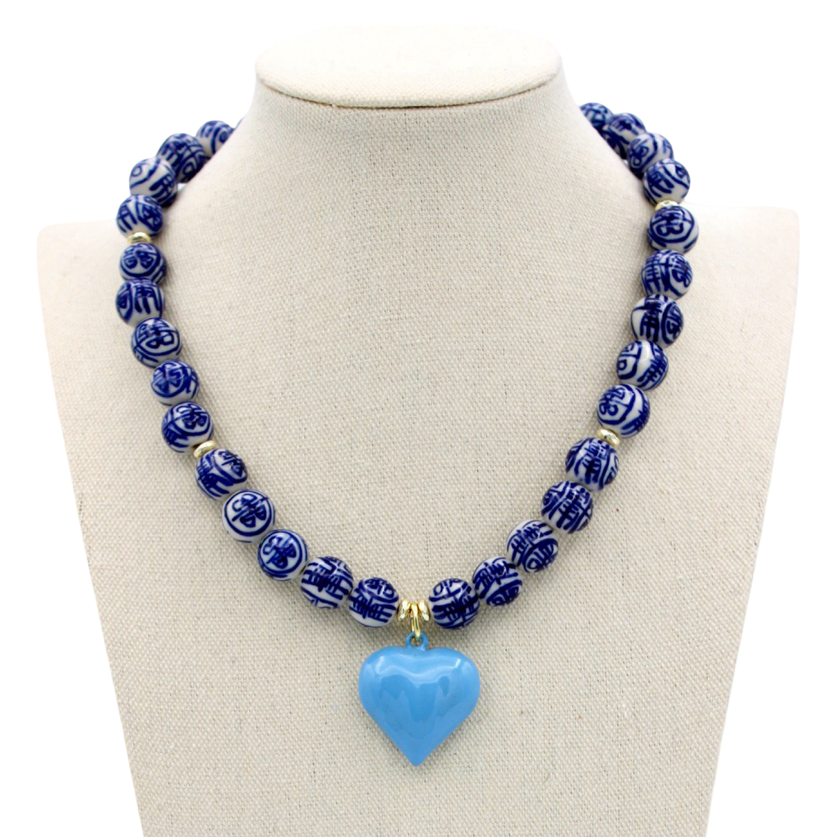 Blue and White Chinoiserie Heart Necklace, Pale Blue