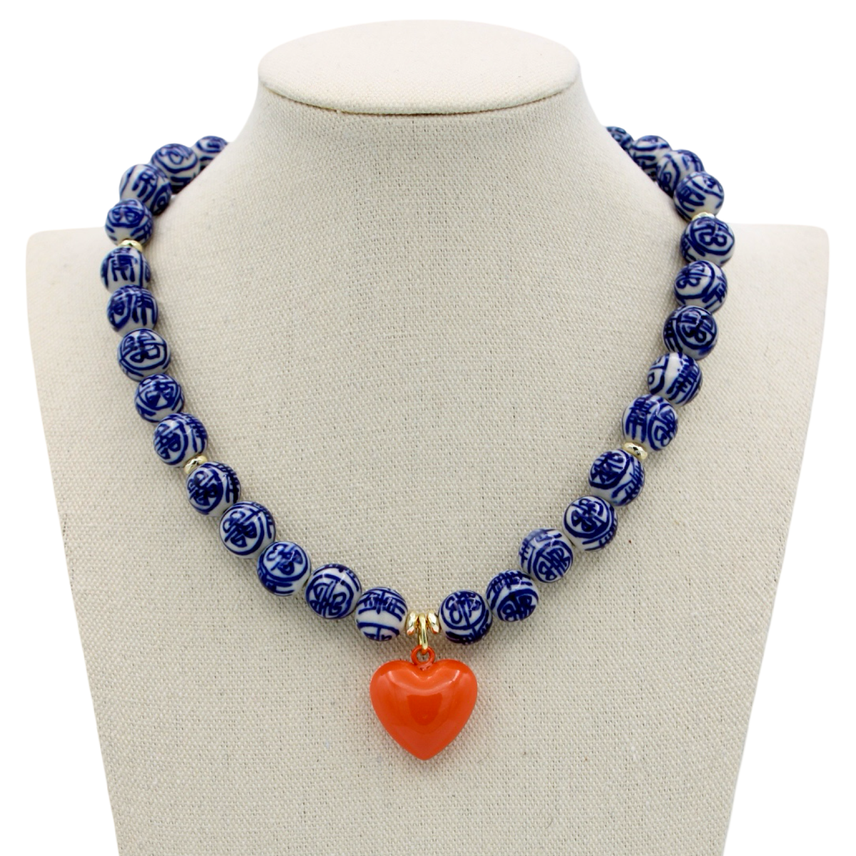 Blue and White Chinoiserie Heart Necklace, Orange