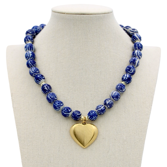 Blue and White Chinoiserie Gold Heart Necklace, 18"