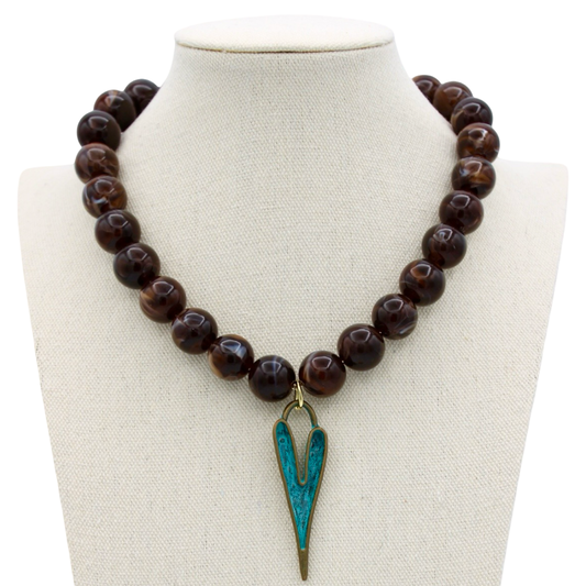 Hudson Chocolate Brown and Turquoise Heart Necklace, 17"