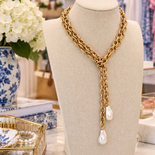 Pearl and Gold Chain Lariat Necklace, 37"