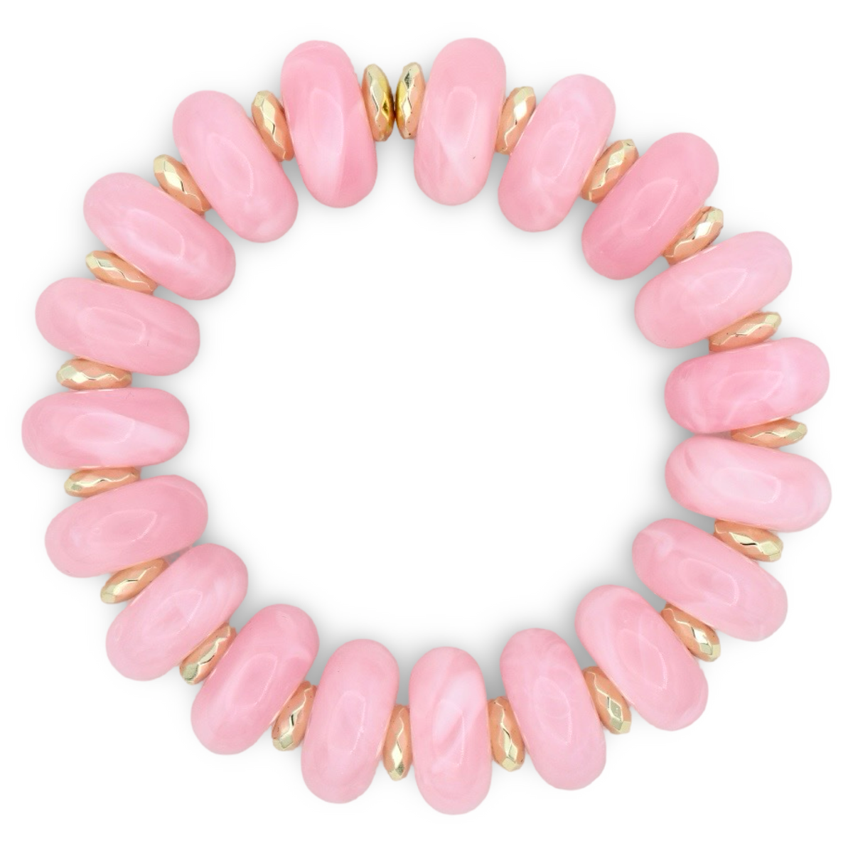 A pink beaded stretch bracelet featuring smooth, rounded pink stone beads separated by small, faceted gold spacer beads, shown on a plain white background.