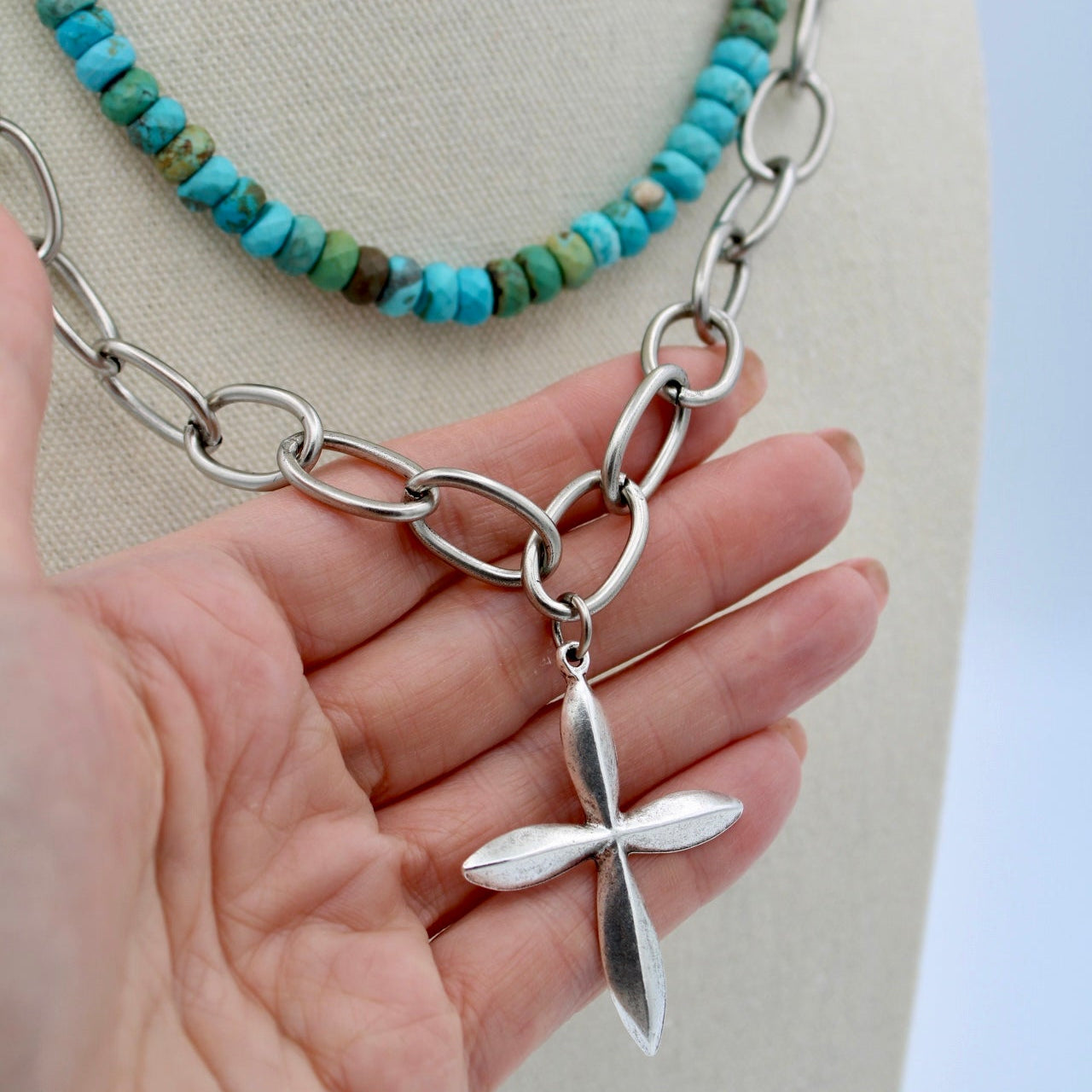 Silver Petal Cross Necklace, 19.5"