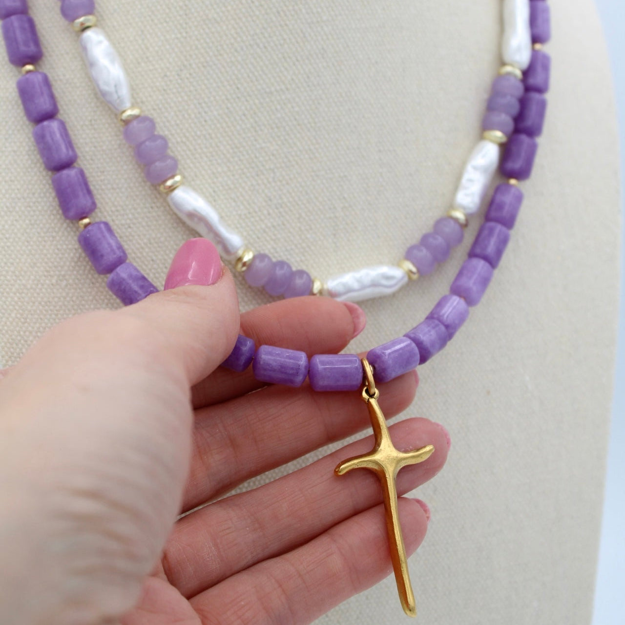 Lavender Cross Necklace, 17.5"