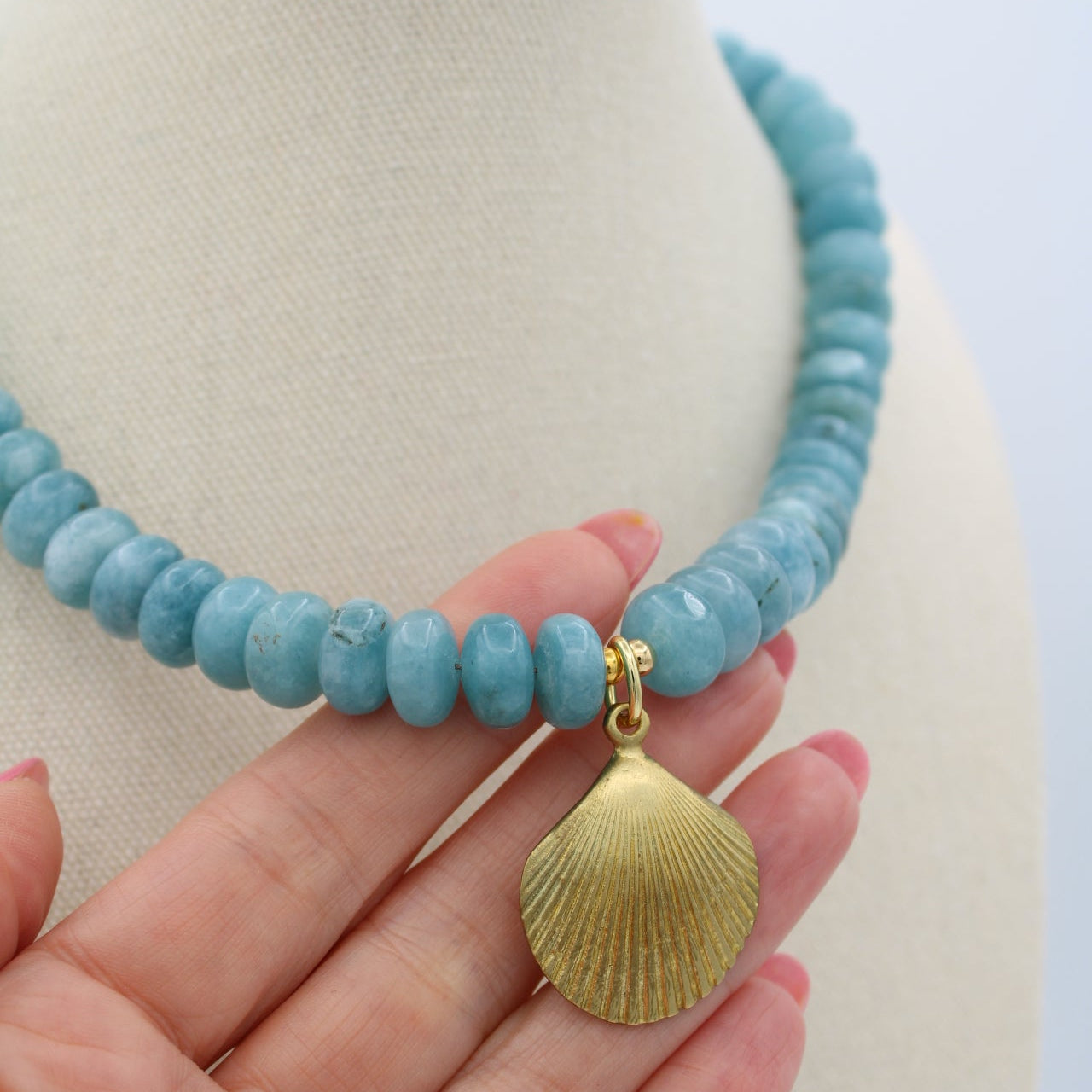 Blue Quartz Shell Necklace, 17"