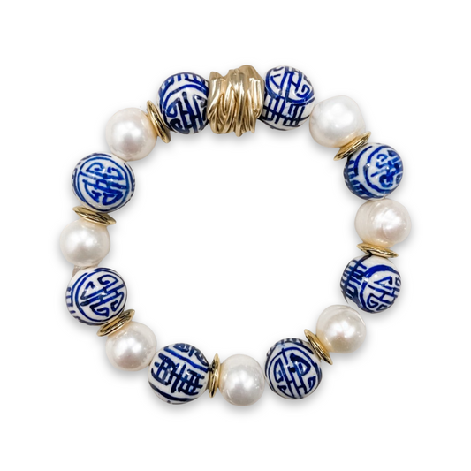 Blue Chinoiserie and Pearl Bracelet