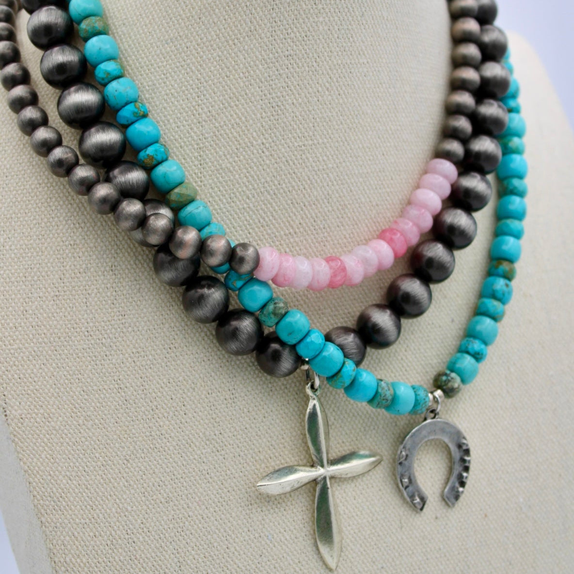 Silver Petal Cross Beaded Necklace, 16"