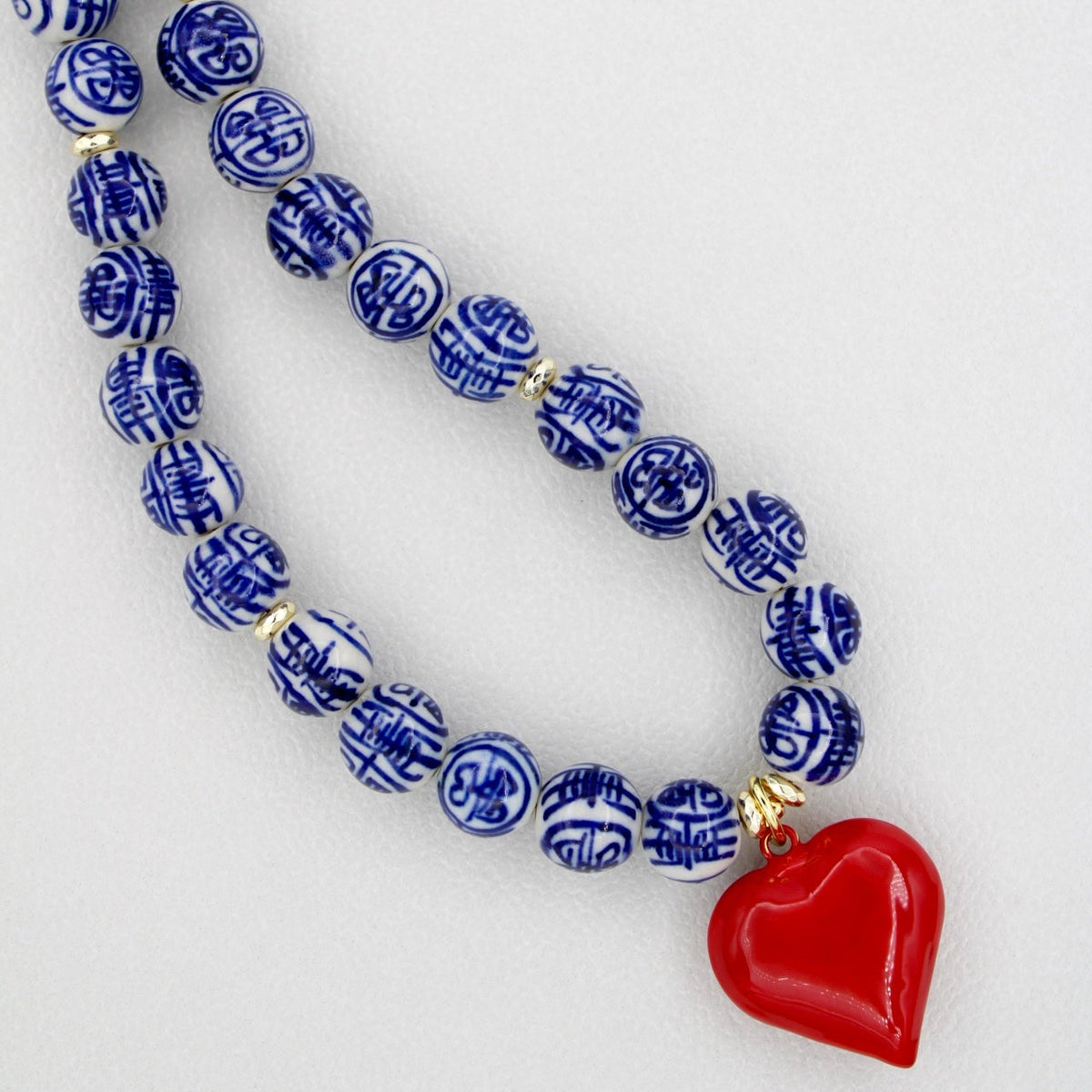 Blue and White Chinoiserie Heart Necklace, Red