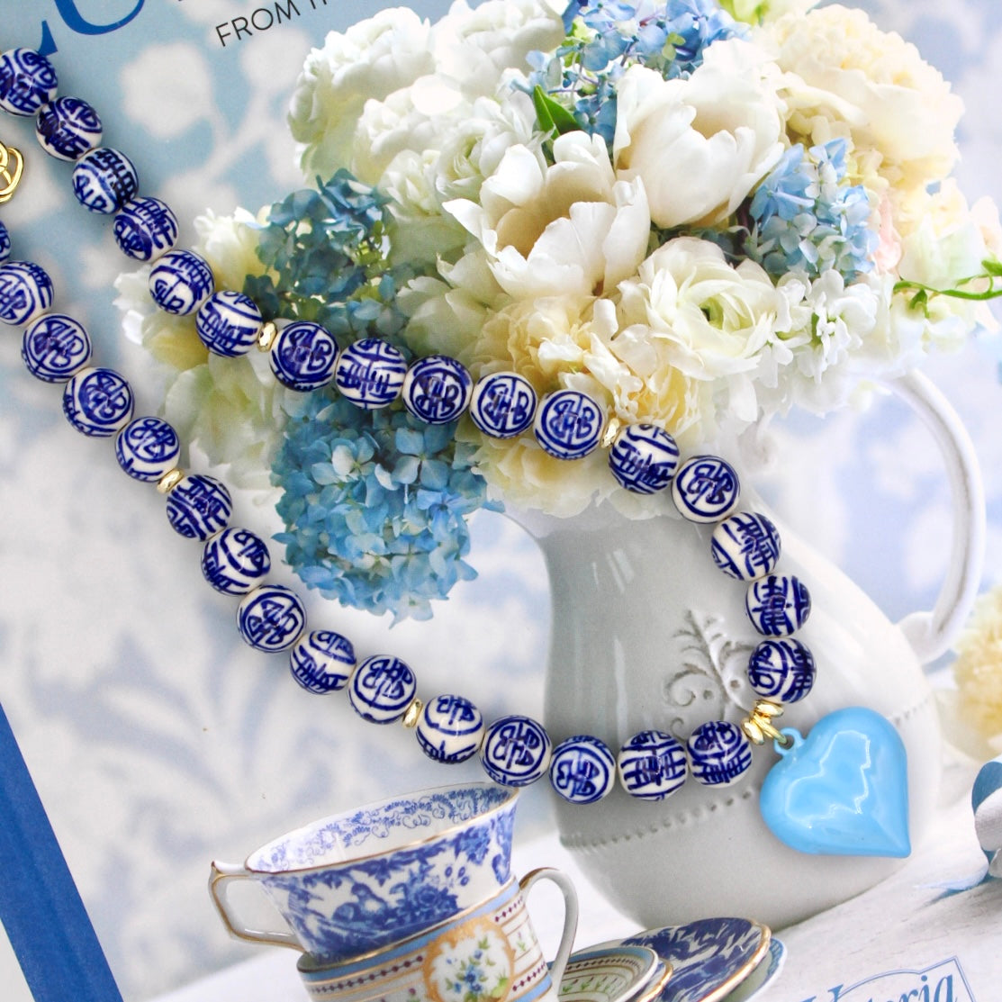Blue and White Chinoiserie Heart Necklace, Pale Blue