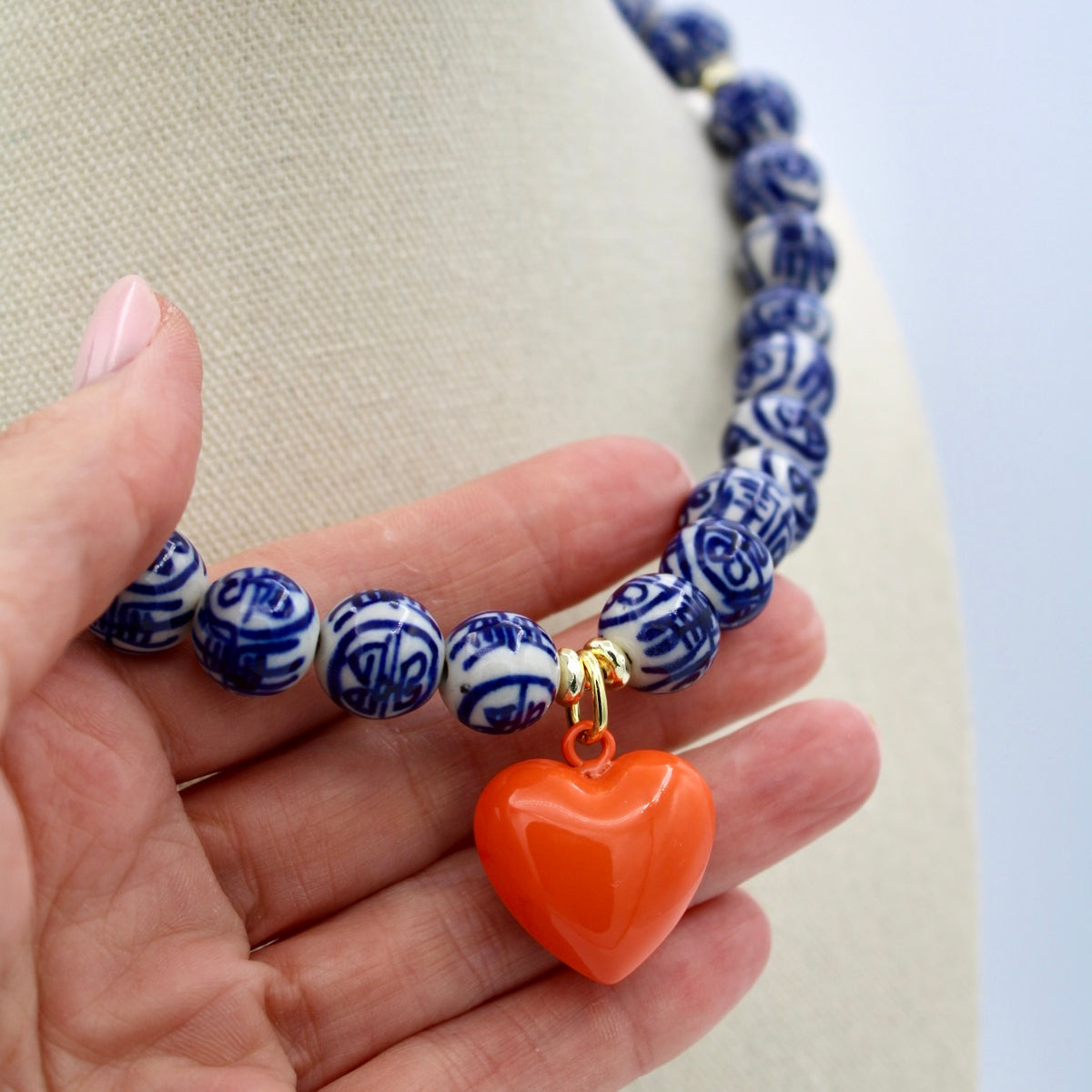 Blue and White Chinoiserie Heart Necklace, Orange