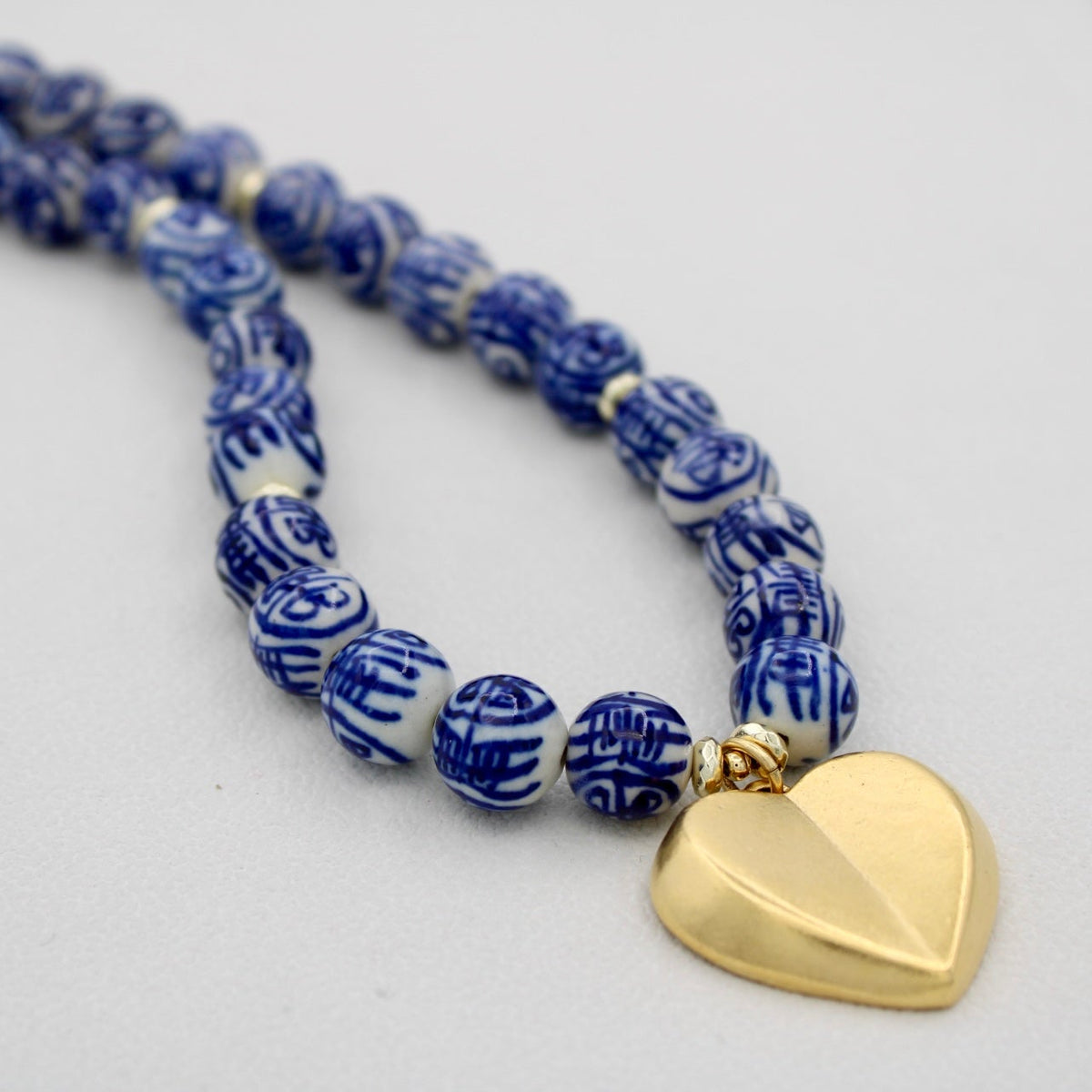 Blue and White Chinoiserie Gold Heart Necklace, 18"