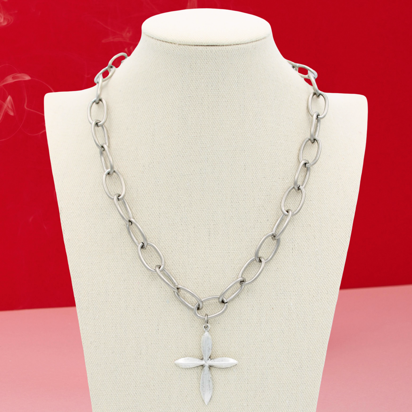 Silver Petal Cross Necklace, 19.5"