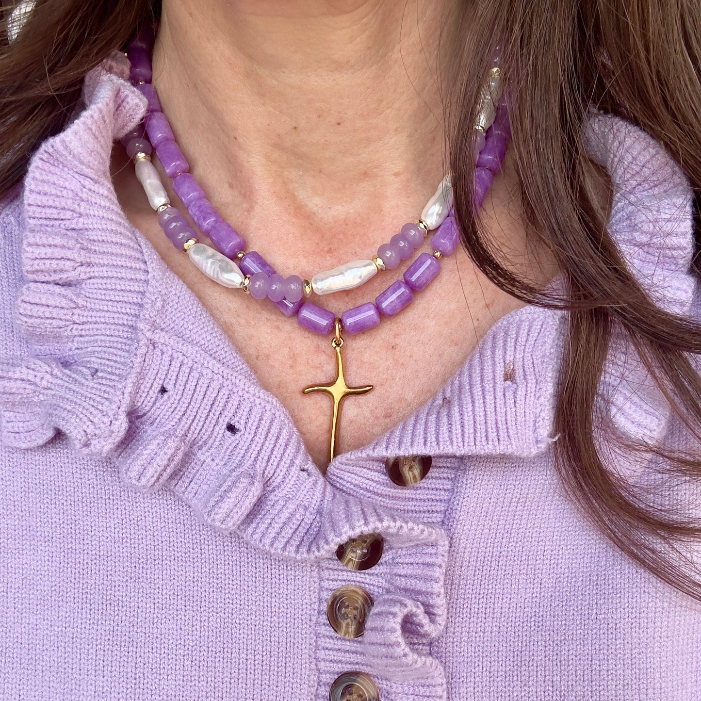 Lavender Cross Necklace, 17.5"