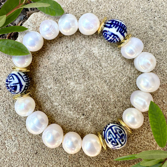 Pearl and Chinoiserie Beaded Bracelet