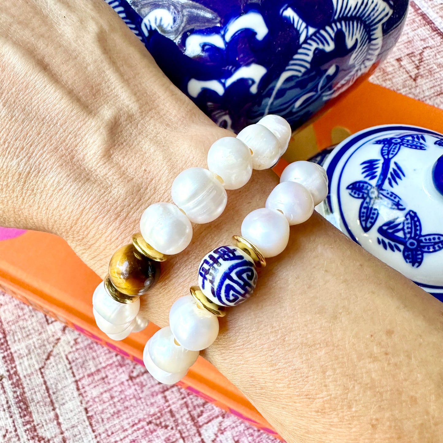 Pearl and Chinoiserie Beaded Bracelet